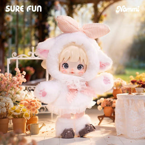 Close-up of Nommi Series cute plush cat figure from blind box KSA Popmart collection