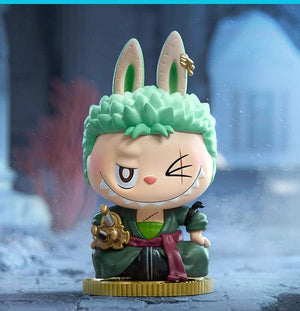Pop Mart Labubu The Monsters One Piece Zoro figure, highly sought-after blind box KSA collectible | مجسم زورو من سلسلة بوب مارت لابوبو ذا مونسترز ون بيس الصندوق الغامض.