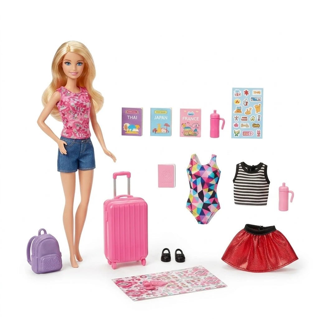 طقم مجسمات باربي للسفر Little Traveller FFB18 في علبته