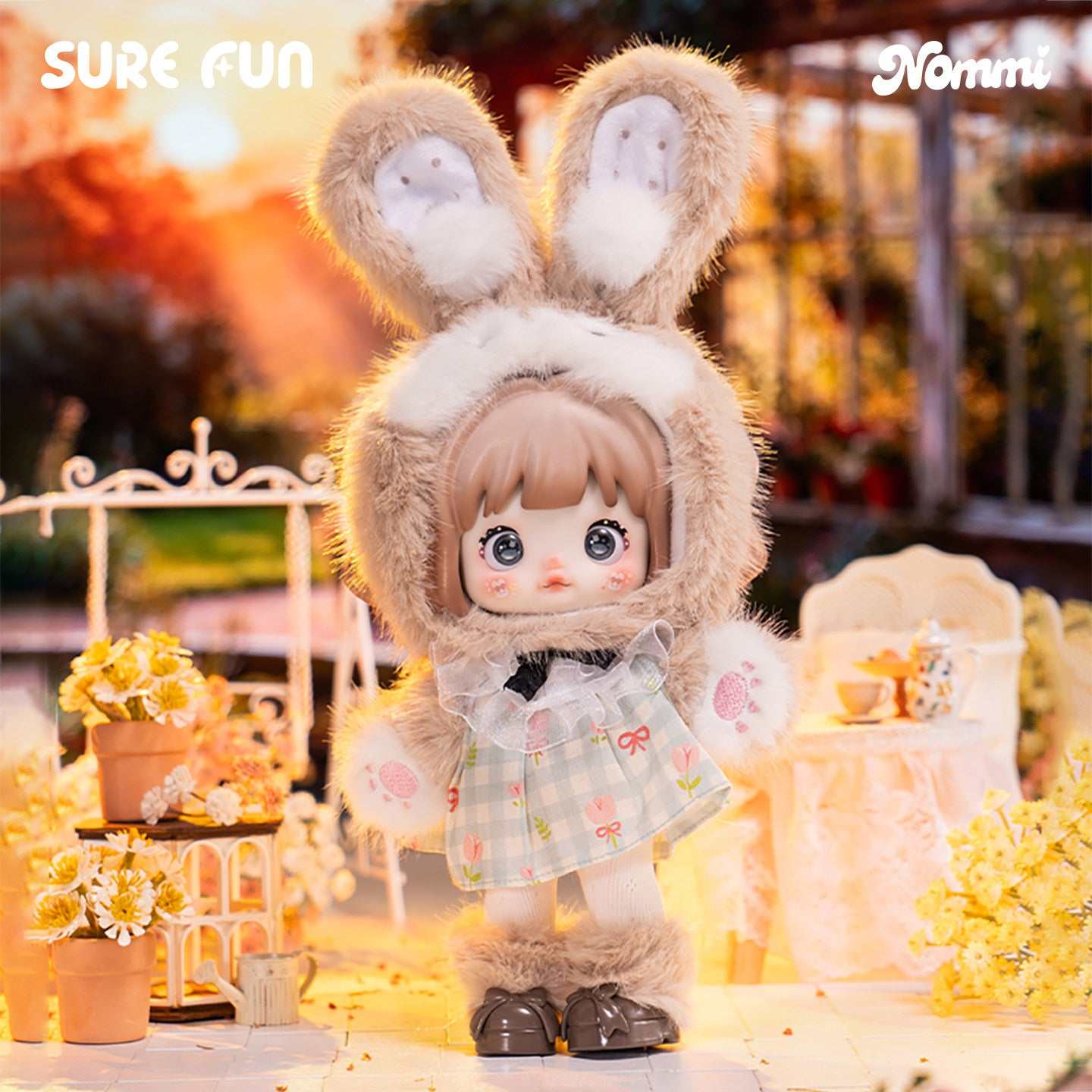 Nommi Series bunny plush toy in a flower garden from Popmart KSA blind box collection
