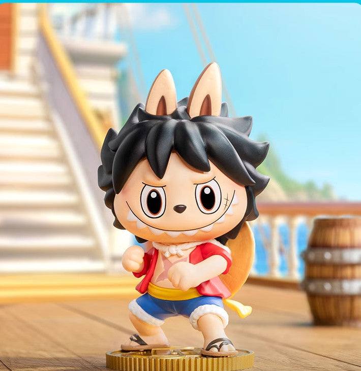 Labubu One Piece blind box featuring Luffy figure from Pop Mart Labubu The Monsters One Piece series | لقطة كاملة لمجسم لوفي من سلسلة بوب مارت لابوبو ذا مونسترز ون بيس.