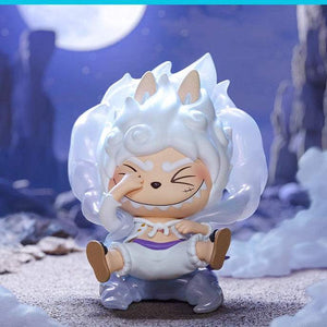 Night background shot of Pop Mart Labubu The Monsters One Piece Luffy Gear 5, rare Labubu One Piece blind box figure | مجسم لوفي غير 5 بخلفية ليلية من سلسلة بوب مارت لابوبو ذا مونسترز ون بيس.
