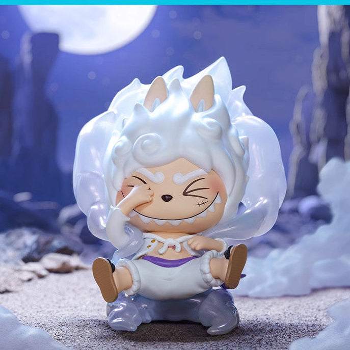 Night background shot of Pop Mart Labubu The Monsters One Piece Luffy Gear 5, rare Labubu One Piece blind box figure | مجسم لوفي غير 5 بخلفية ليلية من سلسلة بوب مارت لابوبو ذا مونسترز ون بيس.