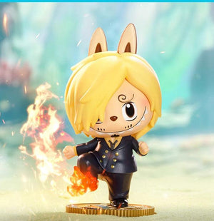 Pop Mart Labubu The Monsters One Piece Sanji figure with flaming kick effect, popular blind box KSA figure | مجسم سانجي مع تأثير النيران من سلسلة بوب مارت لابوبو ذا مونسترز ون بيس.