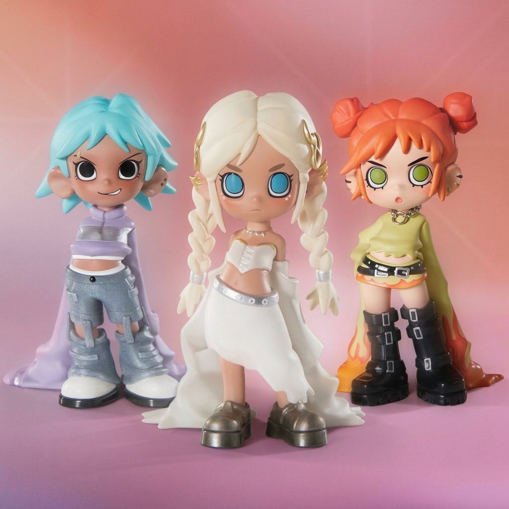 ثلاثة مجسمات Peach Riot متجاورة بأسمائها، بشعر أزرق وأبيض وبرتقالي